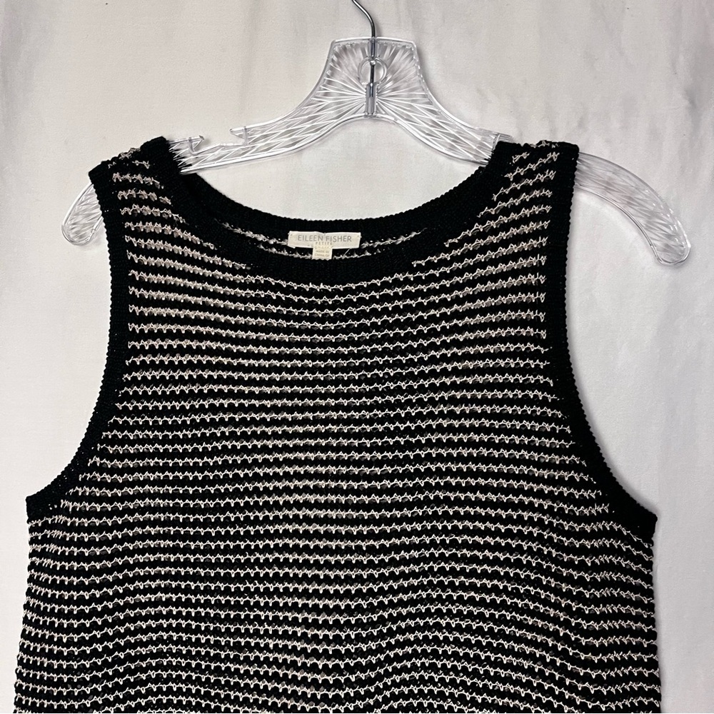 Eileen Fisher | Black Cream Linen Blend Mesh Knit Sleeveless Tank, Large Petite - Picture 4 of 6